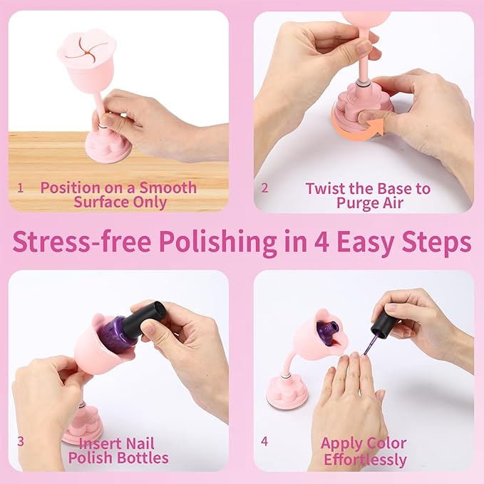 Nail Polish Bottle Holder, Rose-Shaped with 360° Rotating Stem, Tilted for No-Spill, Strong Suction Cup, All-Bottle Fit (Pink)