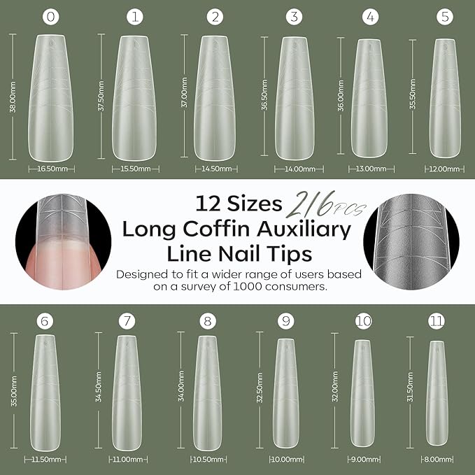 modelones Long Coffin Guiding Line Nail Tips, Soft Gel Tips Fake Nails False Acrylic Extensions Seamless Accurate Positioning Scale Line, Full Matte Professional Nail Salon 216PCS 12Sizes