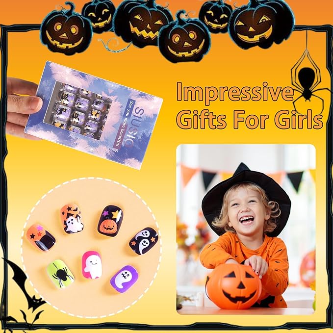 SIUSIO 6 Pack Press on Nails kids Children Acrylic Fake Nails Cute Pre-glue Full Cover Gradient Color Rainbow Short Stick On False Nail Art Kits Set for Kids Little Girls - Halloween Ghost