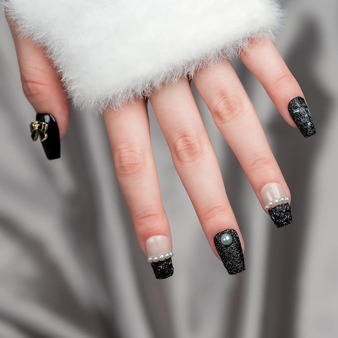 Sun&Beam Nails Handmade Short Medium Coffin Ballerina Black False Nail Tips with Cute 3D Pearl Popular Charm Design Press On Nails 10 Pcs (#61 M)