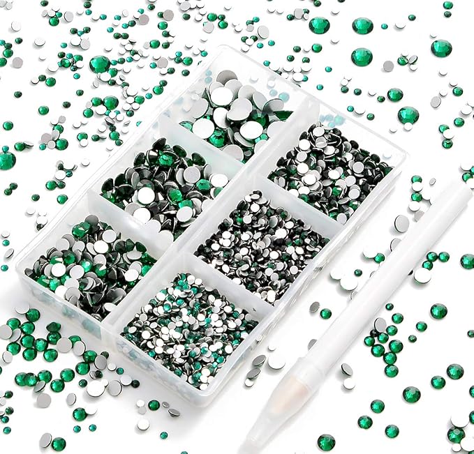 AD Beads 4300 Pieces Flat Back Nail Art Rhinestones Round Beads 6 Sizes (2-6.5mm) with Storage Organizer Box,Rhinestones Picking Pen for Nail Art Phone Decorations Crafts DIY (Emerald)