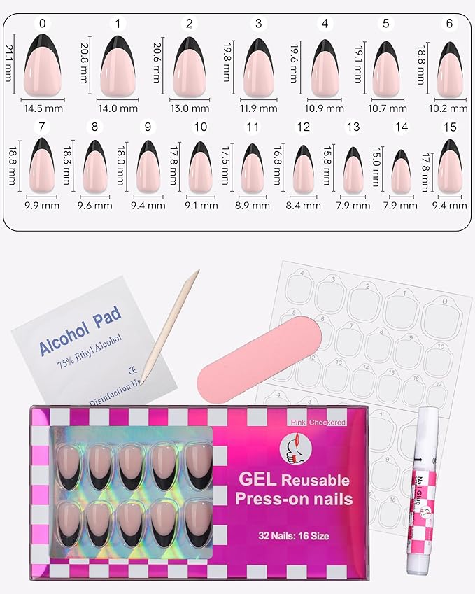 Black French Tip Gel Press On Nails Almond Short 16 Sizes Fake Nails 32Pcs Glossy, Nail Glue Included