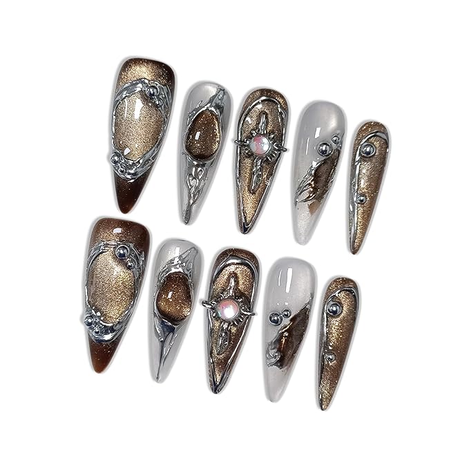 Grey & White Press on Nails with 3D Cat Eye, Hand-Painted Metallic Lines & Rhinestones, Long Stiletto Glossy Iced Metal Fusion Fake Nails, Reusable Edgy Luxury False Nails for Women (Size M)