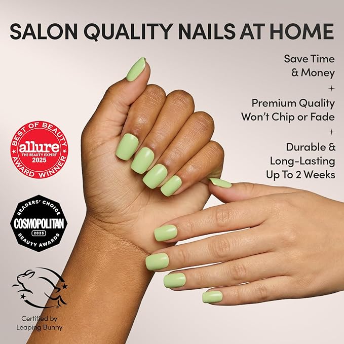 Glamnetic Press On Nails - Light Sage | Short Squoval Green Fake Nails with Glossy Finish, Salon Quality | 15 Sizes - 30 Nail Kit with Glue