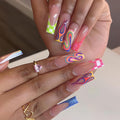 MISUD Press on Nails - Long Square Glue on Nails with Colorful Plaid, Acrylic Checkered Flame Design 24 pcs