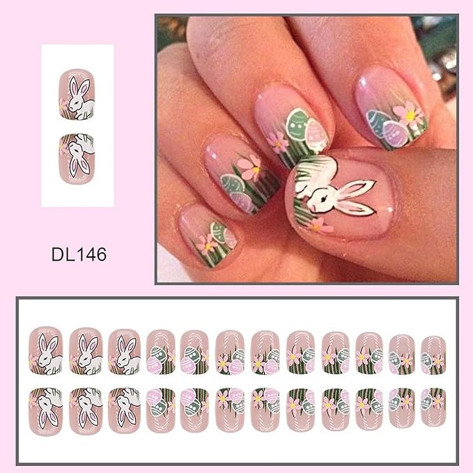 Easter Rabbit Fake Nails Short Square Shaped Press on Nails Full Cover False Nails with Flower Grass Designs Glossy Acrylic Nails Cute Bunny Easter Eggs Stick on Nails for Women DIY Manicure 24 Pcs