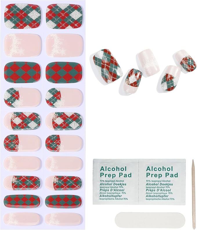 20pcs Christmas Semi Cured Gel Nail Strips - Salon-Grade DIY Wraps with Glaze Texture, Easy Application, UV Light Required for Festive Nails(Christmas Glitter Argyle Nails)