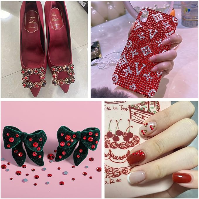 Beadsland 4300pcs Flatback Rhinestones, Red Rhinestone Nail Gems Round Crystal Rhinestones for Crafts,Mixed 6 Sizes with Picking Tweezers and Wax Pencil Kit, SS6-SS20, Siam