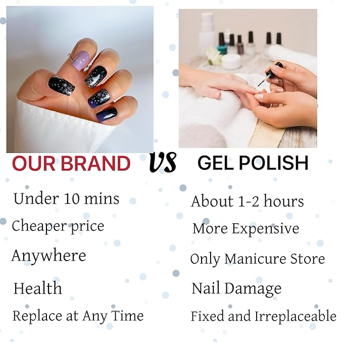 Black Press on Nails Short Square 24 Pcs Glossy Full Cover Stick on Nails Gradient False Nails with Starry Night Designs Reusable Acrylic Glue on Nails for Women Girls Gel Nail Strips