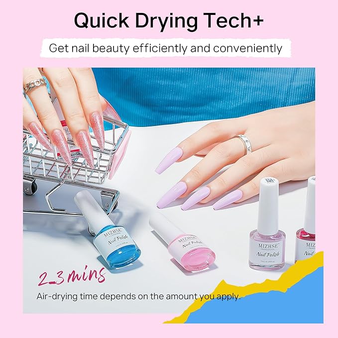 MIZHSE Quick Dry Nail Polish Set, 24 Colors Regular Nail Polish Non Gel, Air Dry Fast Neon Trendy Glitter Bulk Nail Lacquer Oil-based Long Lasting Fingernail Toe Home DIY Gift for Women
