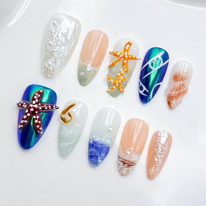 Medium Almond Thick Press on Nails Handmade Nails with Glue,Reusable Ocean Nails Sea Star Conch Designs Fake Nails Nude Pink Acrylic Nails Nature Stick on Nail False Nails for Wome (Size M)