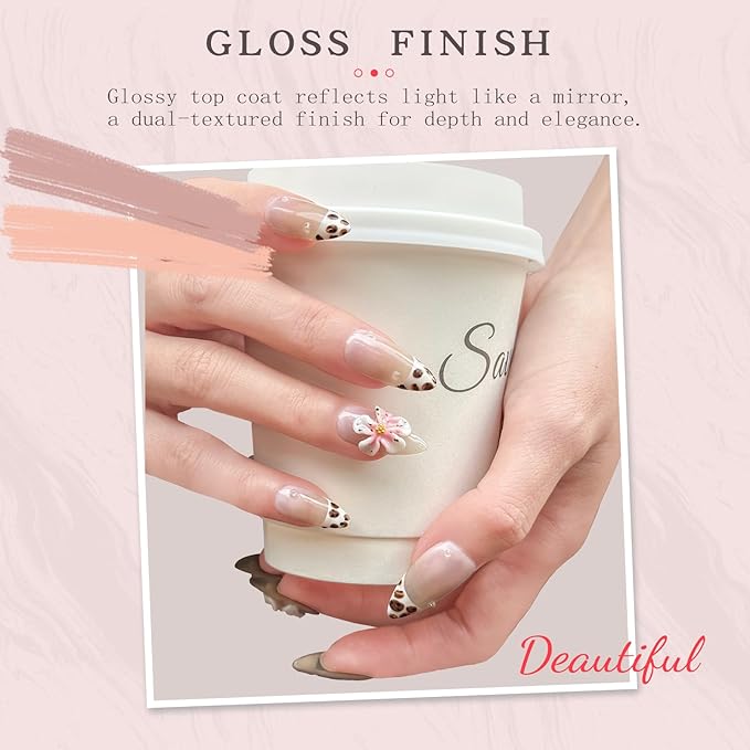 Handmade Press on Nails – Reusable False Nails with Leopard Print French Design, Gradient Tropical 3D Flower Art, Medium Almond Shaped Fake Nails (10PCS-S)