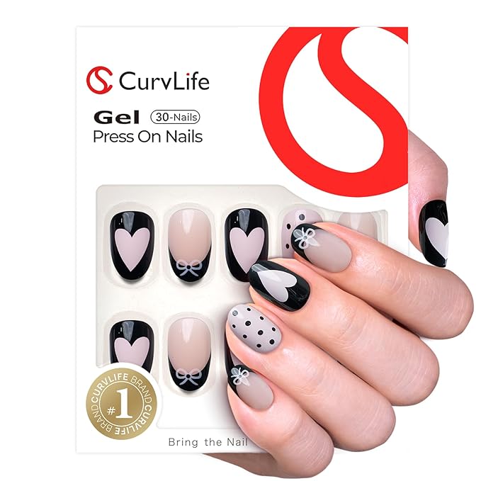 CurvLife Almond Press On Nails Medium – 30Pcs Soft Gel Fake Nails, Strawberry Dot Dream Reusable Glue On Nail Kit with Adhesive Tabs, Natural Fit & Salon-Quality for Women & Girls