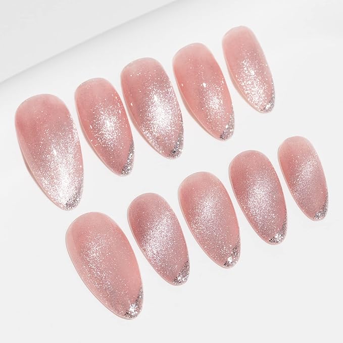 Sun&Beam Nails Handmade Medium Long Almond Pink False Nail Tips with Cute Magnetic Popular Charm Design Press On Nails 10 Pcs (#53 XS)