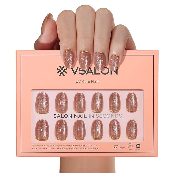 VSALON Press On Nails Short Oval, Gold Foil Nude French Tip Cat Eye Shimmer Nails, Salon Quality Semi-transparent Fake Nails Kit - 32 PCS Stick on Nails in 16 Sizes with UV Glue & Cuticle Oil