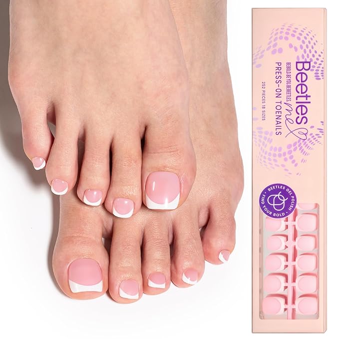 Beetles X Press Plus French Tip Toenails - Ivory French | Pink Short Square Press On Toe Nails | 252 Pcs 18 Sizes Natural Salon Quality Gel Nail Tips