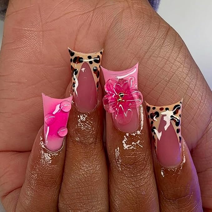 Leopard Print French Tip Press On Nails Pink Fake Nails Medium Duck False Nails with Design Flower Glossy Stick On Nails for Women Reusable Artificial Acrylic Full Cover Manicure 24Pcs