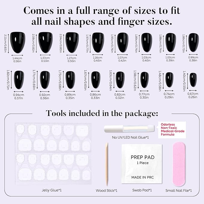 Luxbon Press On Nails with No-Cure Nail Glue and Tool Kit – Almond Acrylic Stick On Nails Soft Gel Tips 30-32pcs Full Size Set, Reusable Fake Nails for Women, Black