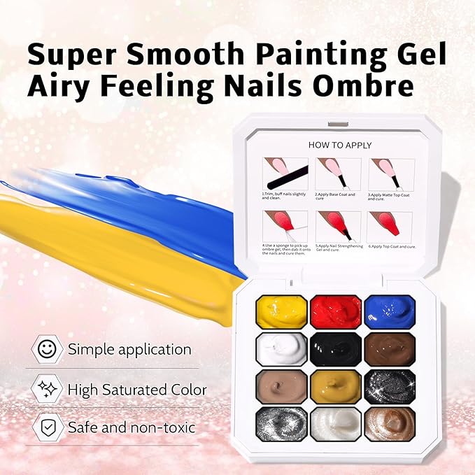 Metallic Gel Polish Set, Glitter Golid Silver Brown Blue Red, 12 Colors Ombre Patting Gel Nail Polish Palette,4 Sponges, Painting Art No Wipe UV/LED Cured (Palette F)