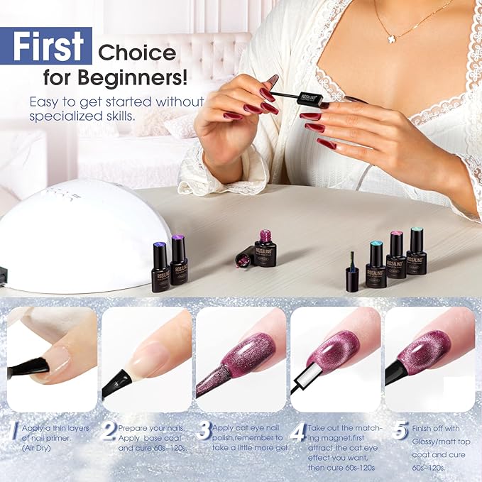 ROSALIND 30pcs Cat Eye Gel Nail Polish Set - 26 Colors Red Purple Brown Green Burgundy Magnetic Gel Nail Polish with Base Gel Glossy Matte Top Coat Magnet and Nail Primer