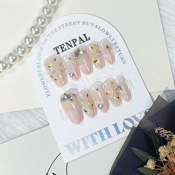 French Pink Nails Handmade Press on Nails Short Almond Acrylic Nails Press Ons with Fireworks Flower Butterfly Chain Designs Reusable Cat Eye Artificial Fake Nails Full Cover Glossy(M)