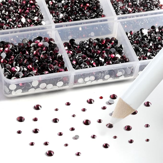 Beadsland 7200pcs Flatback Rhinestones,Burgundy Rhinestone Nail Gems Round Crystal Rhinestones for Crafts,Mixed 6 Sizes with Wax Pencil Kit, SS3-SS10,Amethyst