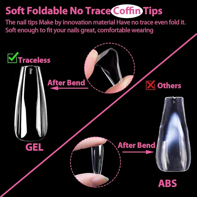 UNA GELLA Long Coffin Nail Tips, 216pcs Clear Long Coffin Gel Nail Tips False Fake Press on Nails Tips Full Cover Acrylic Nails Coffin Shaped For Nail Extension DIY Salon Soft Gel Tips 12 Sizes