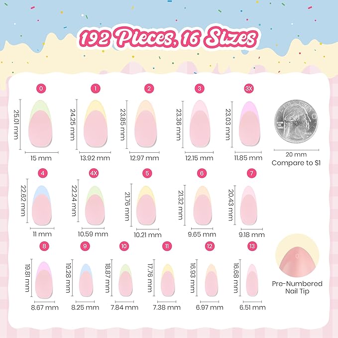 Beetles French Tips Press On Nails, Pastel Spring Nails Medium Almond 6 Colors 192 Pcs, Spring Fake Nail Tips, Pink Blue Green Soft Gel Nails False Nails Art DIY For Women
