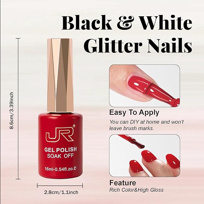 JR Gel Nail Polish Set, 16ml Full Size Bottle 6 Colors Milk White Pink Black 9D Cateye Glitter Nail Gel Polish Gift Soak Off Led Nail Art Kit Salon DIY Colorful Bottle J