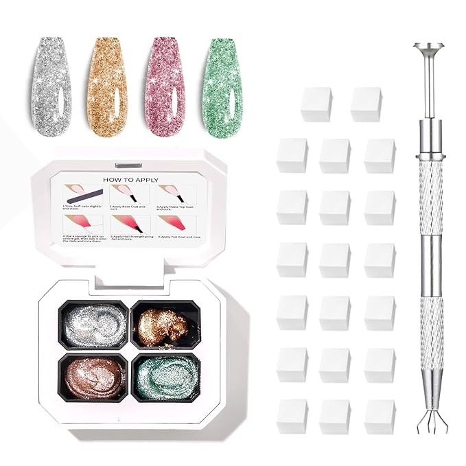 Finger Secret 4 Colors Ombre Gel Nail Polish,Glitter Ombre Pigment Palette Pat Painting Gradient Blooming Gel with 20Pcs Nail Sponges for Nail Painting Gel Nail Art in Salon or Home Use (k5)