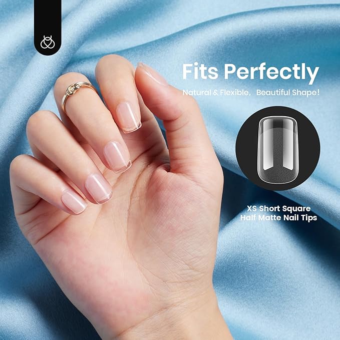 Beetles 504Pcs XS Short Square Nail Tips,12 Sizes Fake Nail Pre Shaped Half Matte Etch X Nail Tips Full Cover False Clear Acrylic Press on Nails for Gel Polish Nail Art Design,Nail Glues Needed
