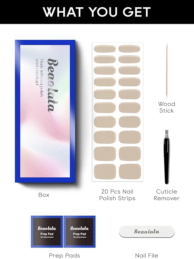 Semi Cured Gel Nail Strips - UV Light Gel Nail Stickers - 20 Long Lasting Salon Quality Wraps (Almond Cream Nude)