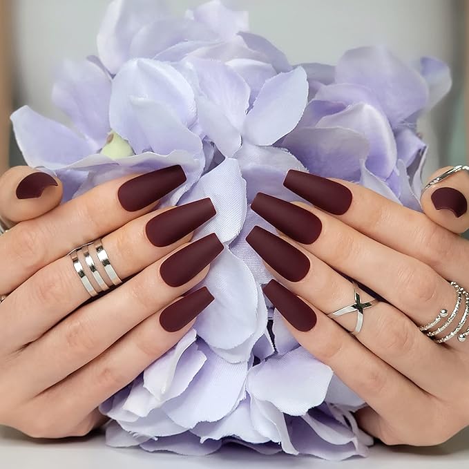 Hypnaughty 24 Pcs Maroon Xtreme Red Matte Coffin Press on Nails with Glue Medium Long Fake Nails Full Cover (Maroon Xtreme)
