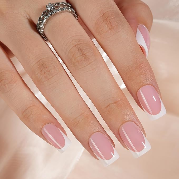 Vansiho Pink French Gel Nail Tips, 150Pcs Short Square Soft Gel Nail Tips, French Tips Press on Nails, Fake Nails for Nail Art DIY 15 Sizes