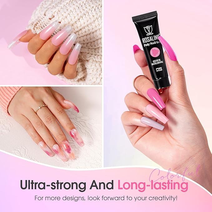 ROSALIND White Pink Glitter Christmas Poly Nail Gel Set, 6 Colors 0.34 oz/10 ml Nail Enhancement Thicker Gel Poly Extention Gels Nail Strengthener for Beginner, Manicure 3D Diy Set Need U V/LED Light