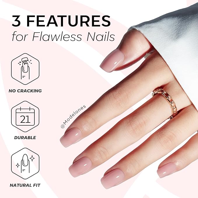 Modelones Soft Pink Press on Nails, Spring Short Square Fake Nails, Semi-Transparent Reusable Nail Kit with Nail Glue Adhesive Tabs Mini Nail File, Nails Press Ons 32Pcs16 Sizes, Women Girl Gift