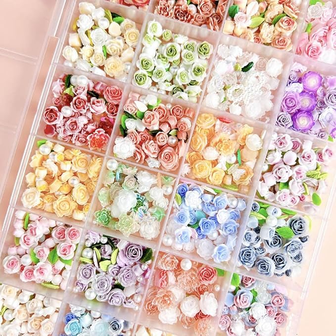 24Grid Random Mixed Flower Nail Charms - Colorful Floral Nail Decor Charms With Pearl Leaves & Resin Camellia Rose Designs