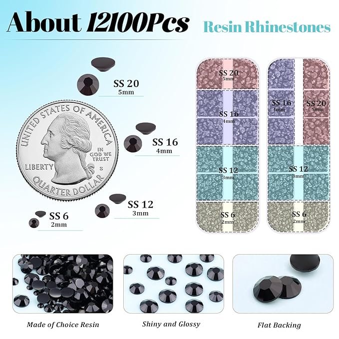 12100Pcs Black Rhinestones for Crafting with 3Pcs 10ml B7000 Jewelry Glue, 2 Boxes Flatback Black Gems Resin Crystals Diamond for Bedazzling Crafts DIY Nail Art Makeup, Gems for Clothing Shoes
