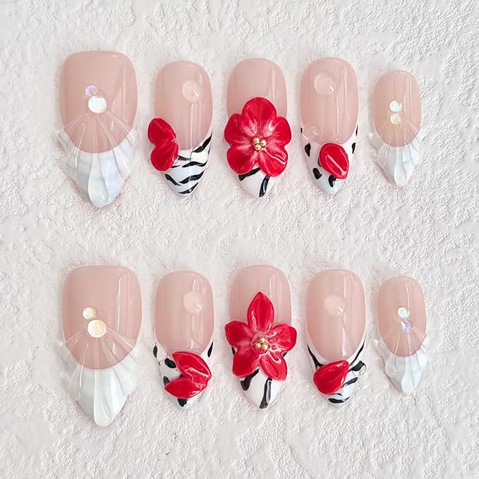 Luxury Press on Nails Medium Almond Handmade 3D Unique Reusable ABS Material Fake Nails White French Tip False Nails with Designs Water Drop Red Flower Glossy Glue on Nail Thick Acrylic Nail(S)