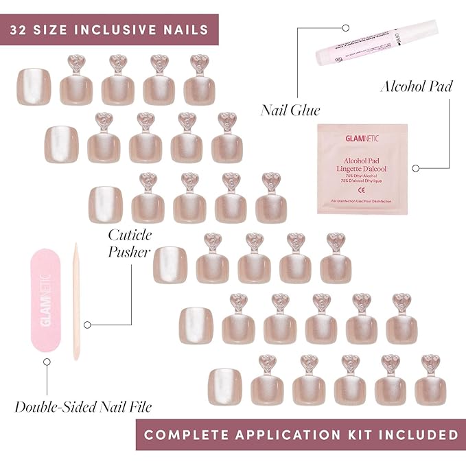 Glamnetic Press On Toenails - Pure Intentions | Subtle Iridescent Nude Sparkle Fake Toe Nails in a Glossy Finish | 16 Sizes - 32 Toe Nail Kit with Glue