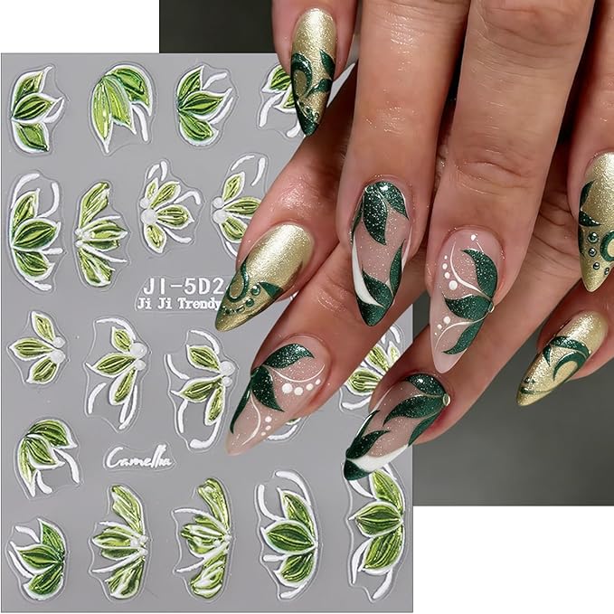 2Sheets Spring Nail Stickers 5D Embossed Green Camellia Flower Nail Decals Self-Adhesive Green Leaf Nail Art Stickers Spring Summer Bronzing Flower Cute Nail Design Supplies for Women DIY Manicure