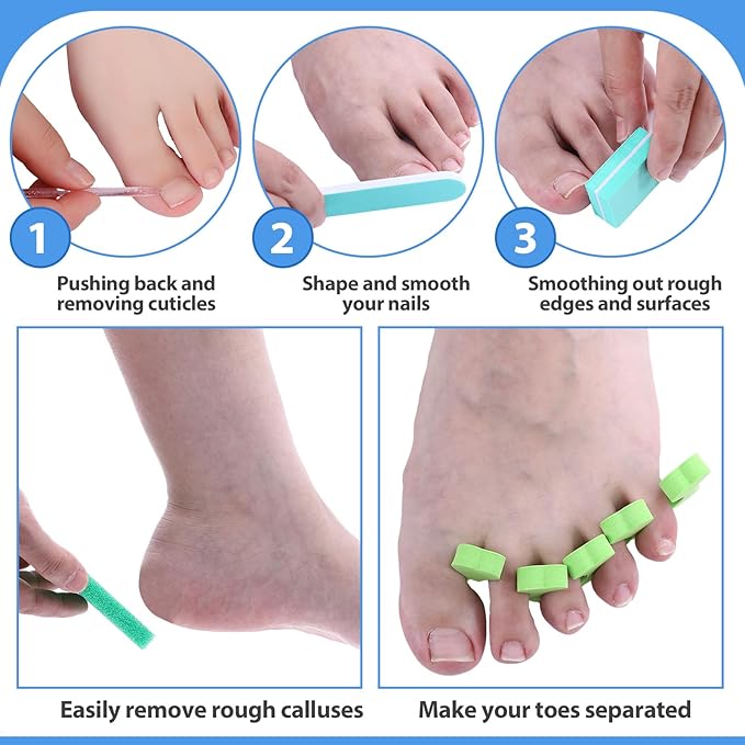 60 Sets Disposable Pedicure Kit Individually Package 5 in 1 Pedicure Tools Pumice Stone for Feet 80/100 Grit Nail File Mini Buffer Block Toe Separator Cuticle Pusher Clear Bag for Salon Home