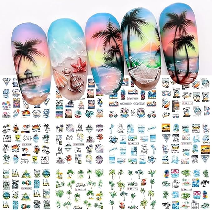 12 Sheets Summer Nail Art Stickers Beach Coconut Tree Ocean Water Transfer Nail Decals Colorful Nail Stickers Tropical Style Nail Sticker Self-Adhesive Nail Art Supplies for Women Manicure Decor