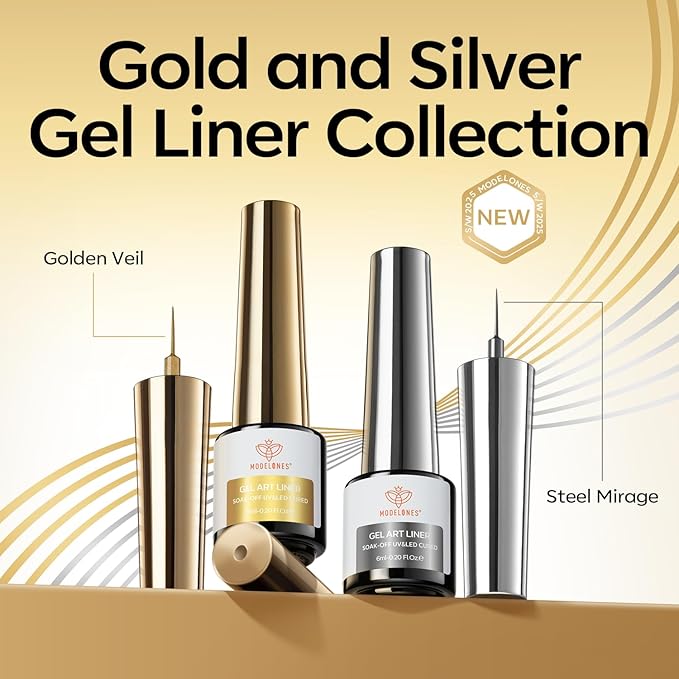 modelones Metallic Gold Silver Gel Liner Nail Polish 2 Pcs Chrome Mirror 3D Effect Nail Art Polish Bronze Thin Brush For Swirl Soak Off French Tip DIY Salon Nail Glue Manicure Gift For Women Girls
