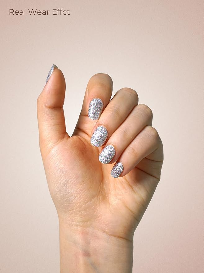 Pre Cured Gel Nail Strips - 44PCS Salon Quality Gel Nail Stickers - Long Lasting Polish Wraps for Women no UV Light Needed Easy Apply& Remove (Ethereal Silver)