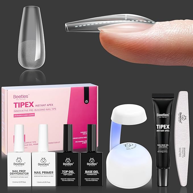 Beetles Tipex Pre-Building Instant Apex Nail Tips Kit – Coffin Medium, 224PCS in 16 Sizes | Pre-Etched, Thick Full Cover Acrylic Tips with Nail Glue, Dehydrator, Primer, Base & Top Coat, Mini UV Lamp