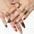 Medium Press on Nails Almond Fake Nails SEENEEY Brown Artificial Nail Red Floral and Gold Charm Designs Cherry Stick on Nail for Women 30pcs