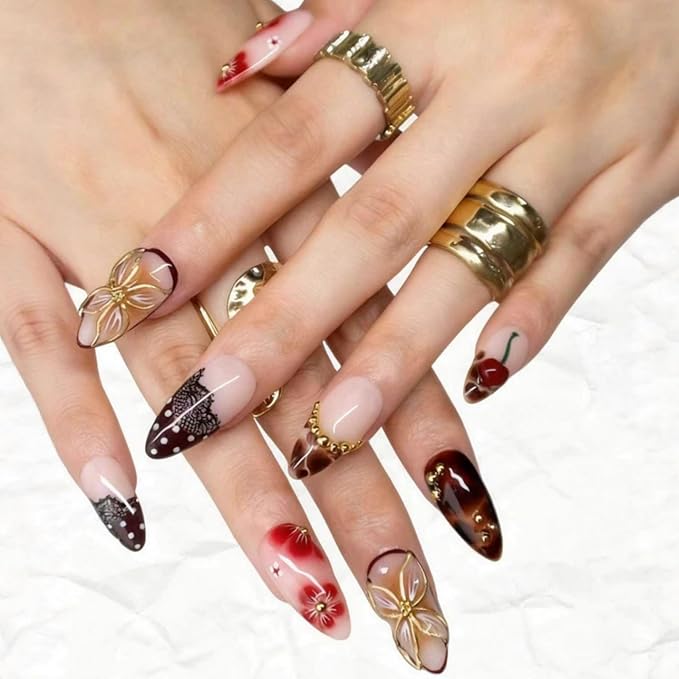 Medium Press on Nails Almond Fake Nails SEENEEY Brown Artificial Nail Red Floral and Gold Charm Designs Cherry Stick on Nail for Women 30pcs
