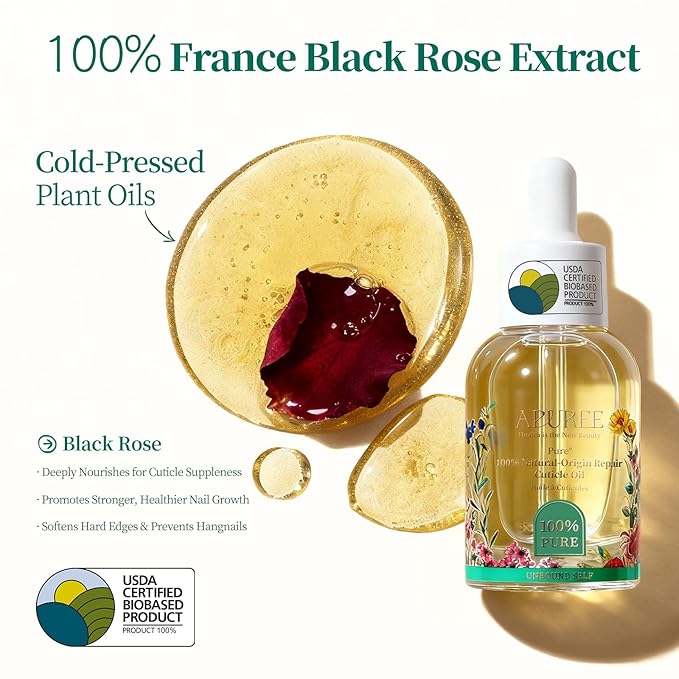 Apuree 100% Bio-Based Cuticle Oil: Nail Strengthener Growth Oil 1oz| Deep Moisture for Extra Dry Cuticles for Brittle Peel Breaking Thin Nails| Black Rose Extract| USDA Verified| Daily Nail Care|Vegan