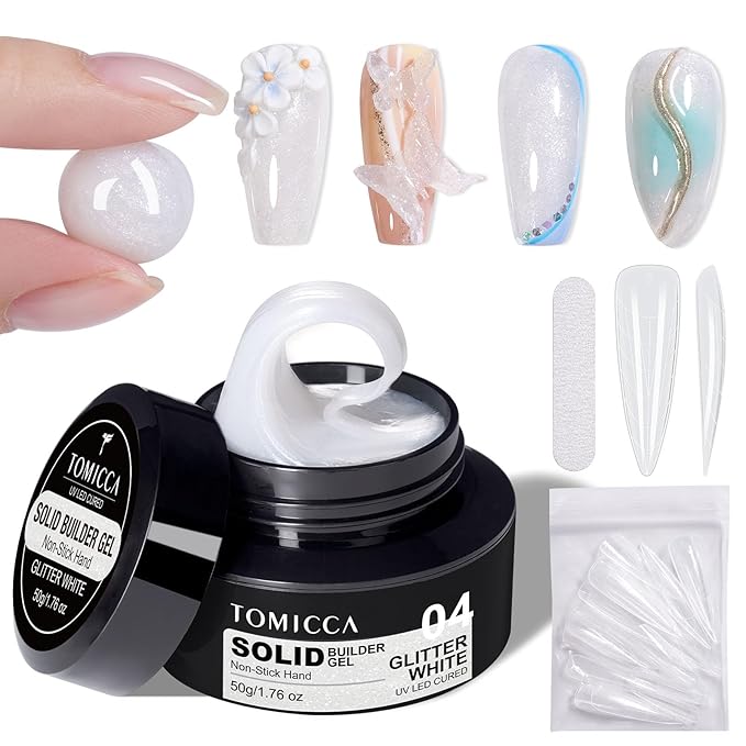 TOMICCA 3D Gel Nail Art, White Sparkles Sculpting Gel for Nail Art 1.76 OZ 3D Nail Hard Gel Nail Gel Nail Extension Gel for Nails Manicure DIY at Home Glitter